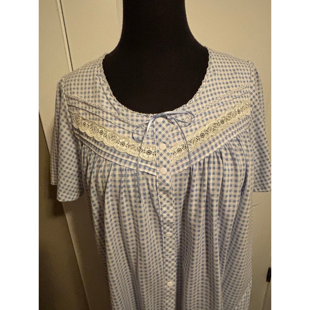 Mumu Earth Angels Blue Gingham Short Sleeve Nightgown Lace Trim Front Pocket NWT
